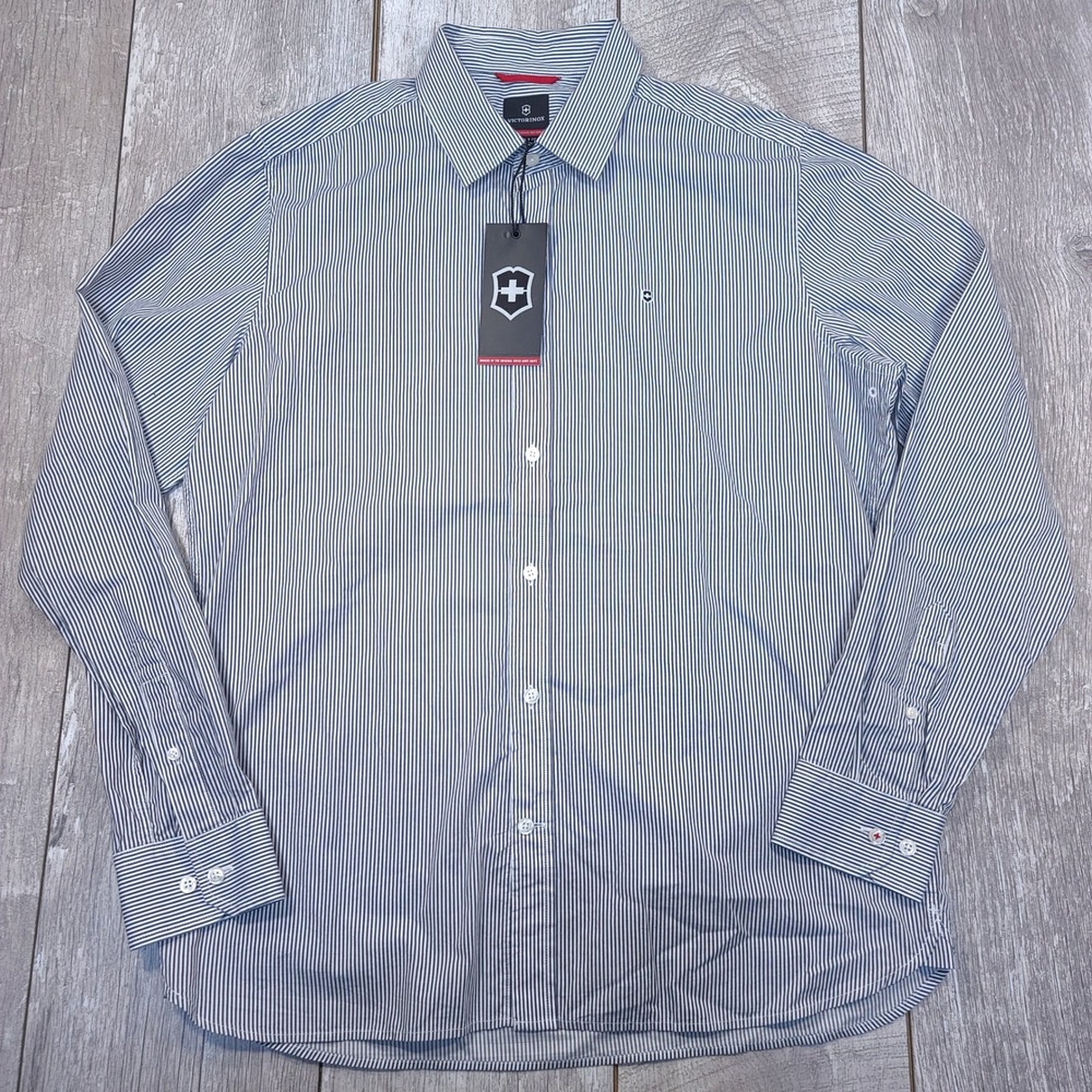 Victorinox Button Front Shirt Mens L Navy White Striped Alban Tailored Fit NWT
